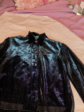 No Boundaries Iridescent Black Sheer Button-Front Blazer
